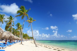 Strand mit Palmen und Liegen